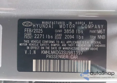 2025 Hyundai Elantra Sel Sport from USA, damaged, VIN KMHLM4DG3SU981397